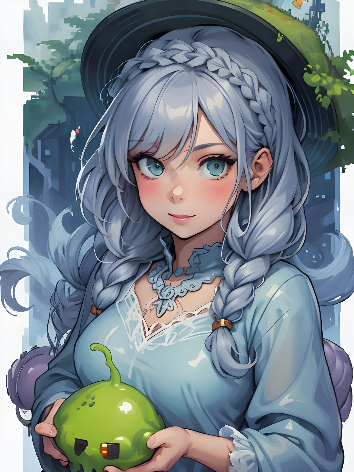 Slime Girl Portrait in Watercolor Pixel Art Style