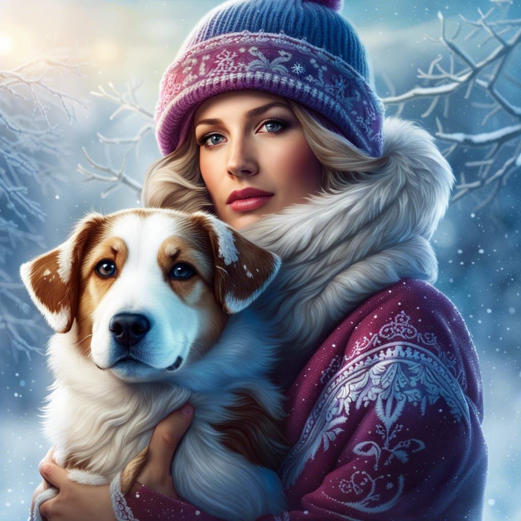 Fantasy Woman and Puppy Portrait in Winter Snow