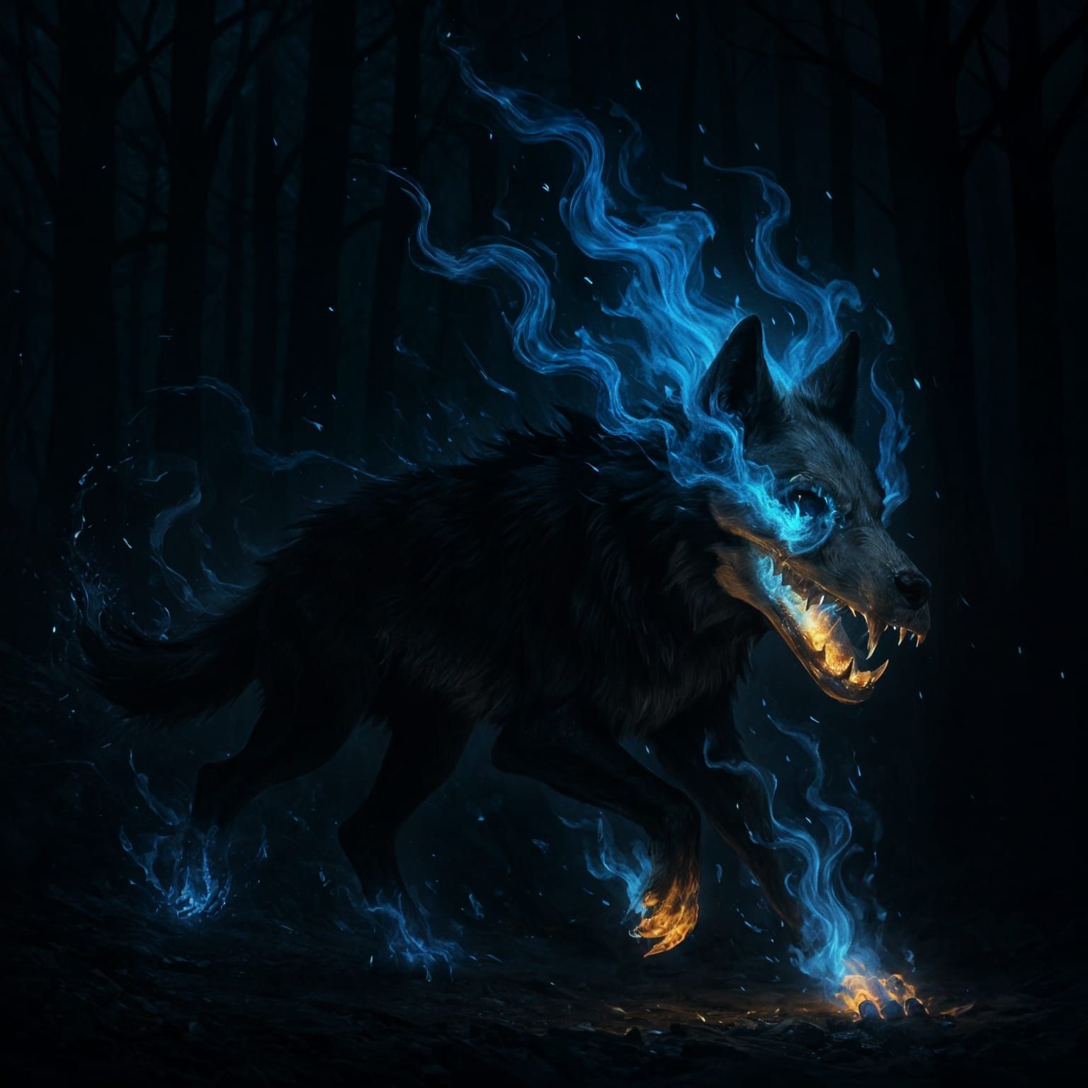 Fiery Wolf Skull Mask in Dark Forest