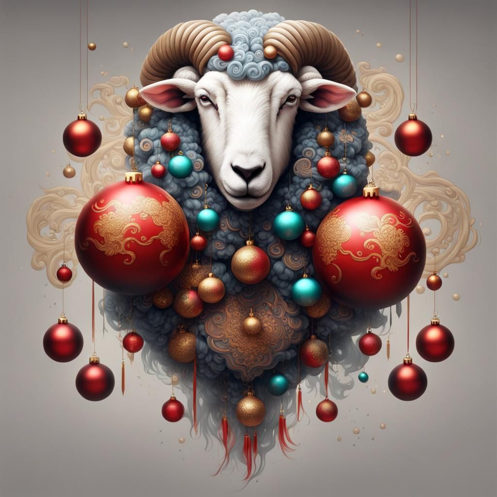 Detailed Chinese Sheep Tattoo with Christmas Balls