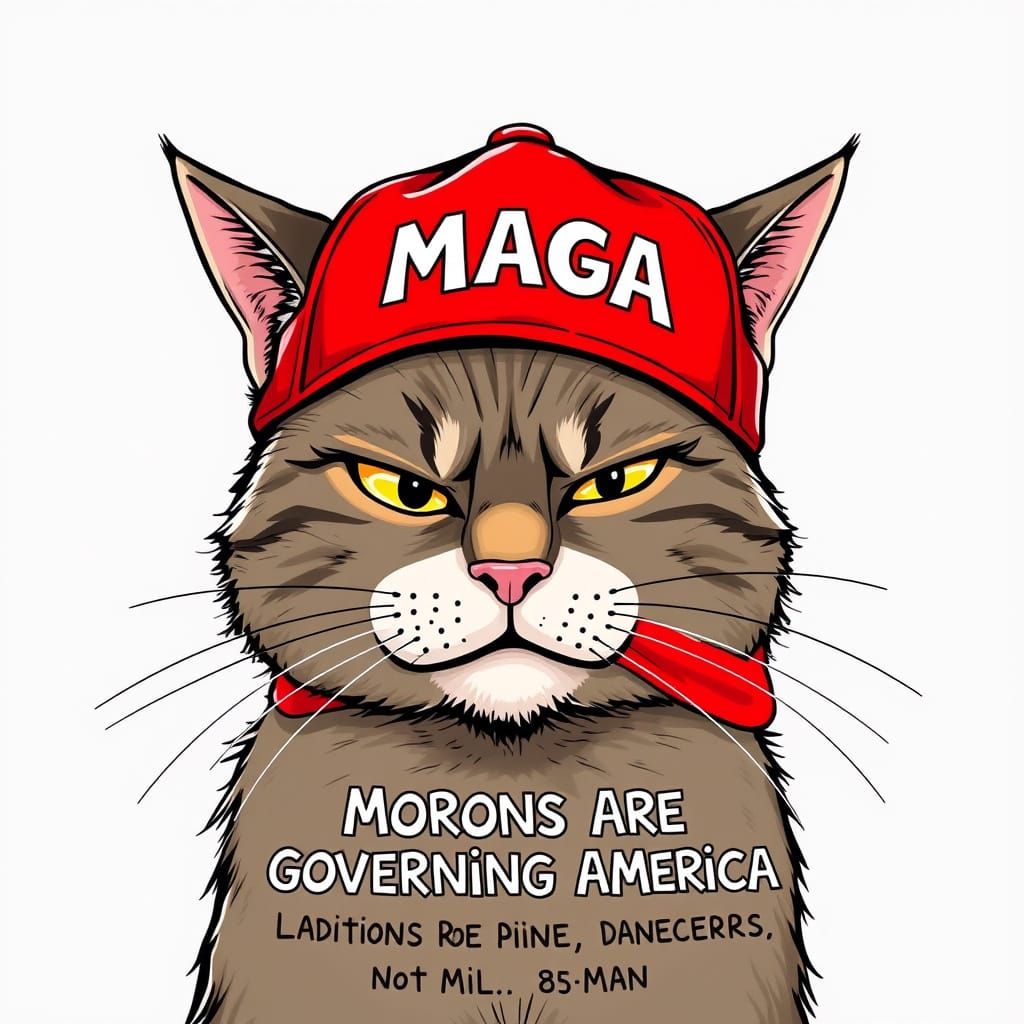 Sassy Cat Wears MAGA Baseball Cap in Satirical Cartoon Style