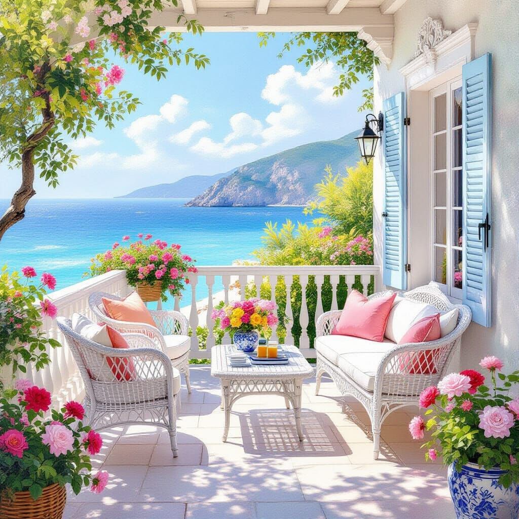 Sunlit Cottage Balcony in Rococo Impressionist Style