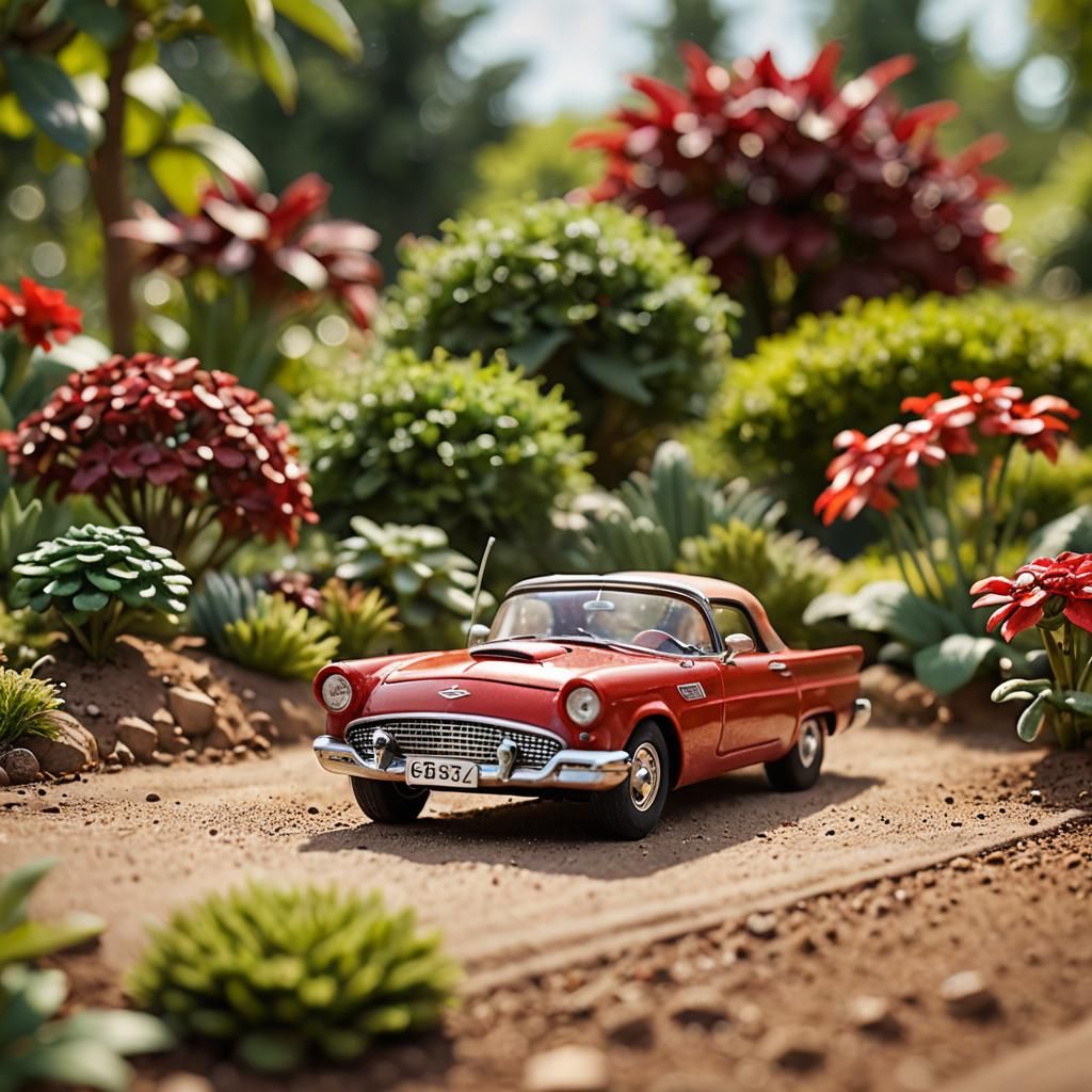Boy Drives Toy Car in Lush Garden: Macro Photography