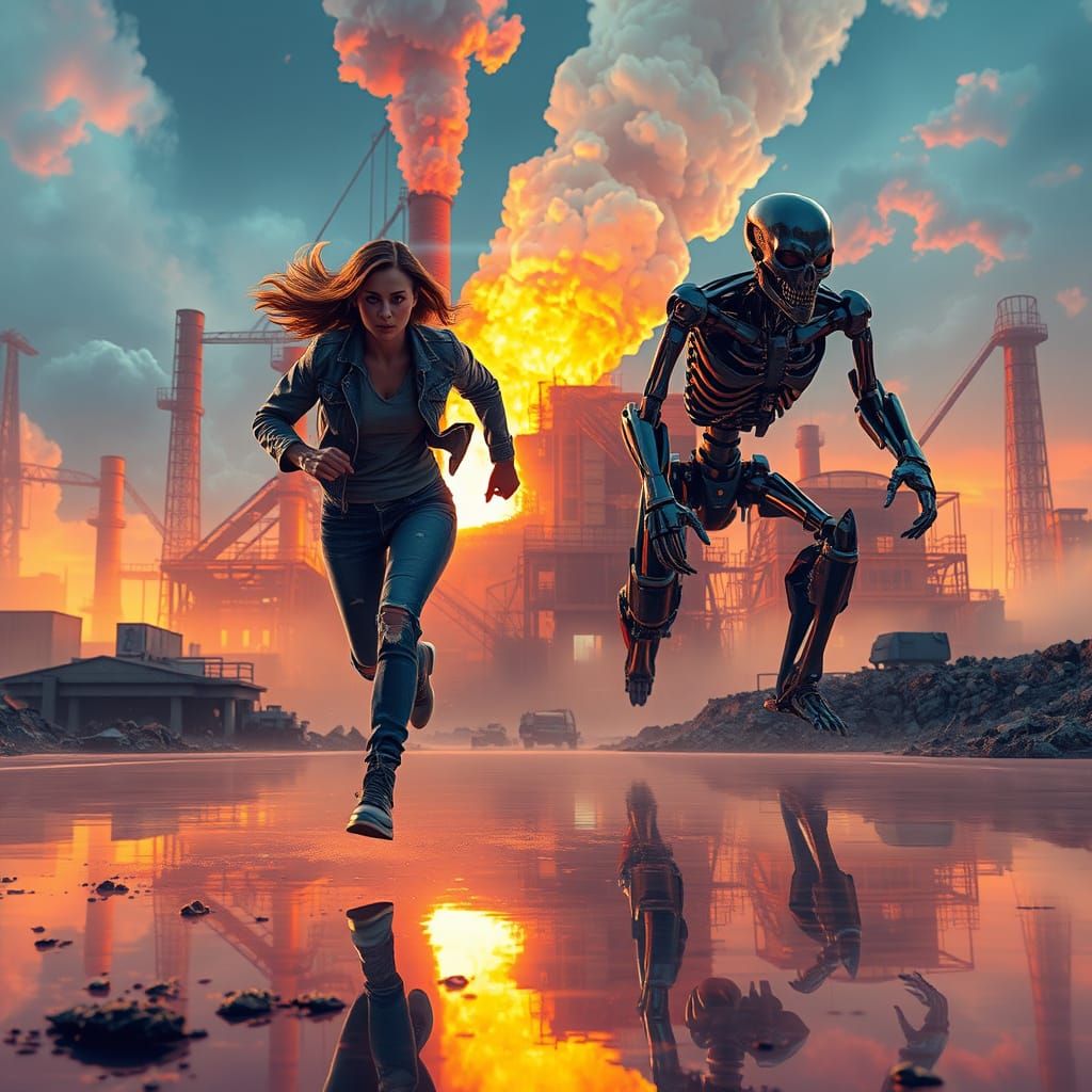 Sarah Connor Escapes Terminator in Pastel Anime Ruins