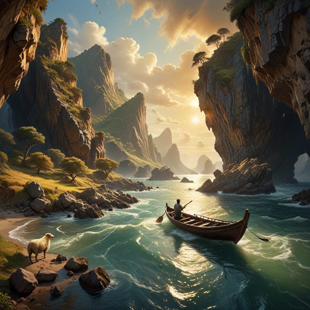 Island Landing: Concept Art of Man and Sheep