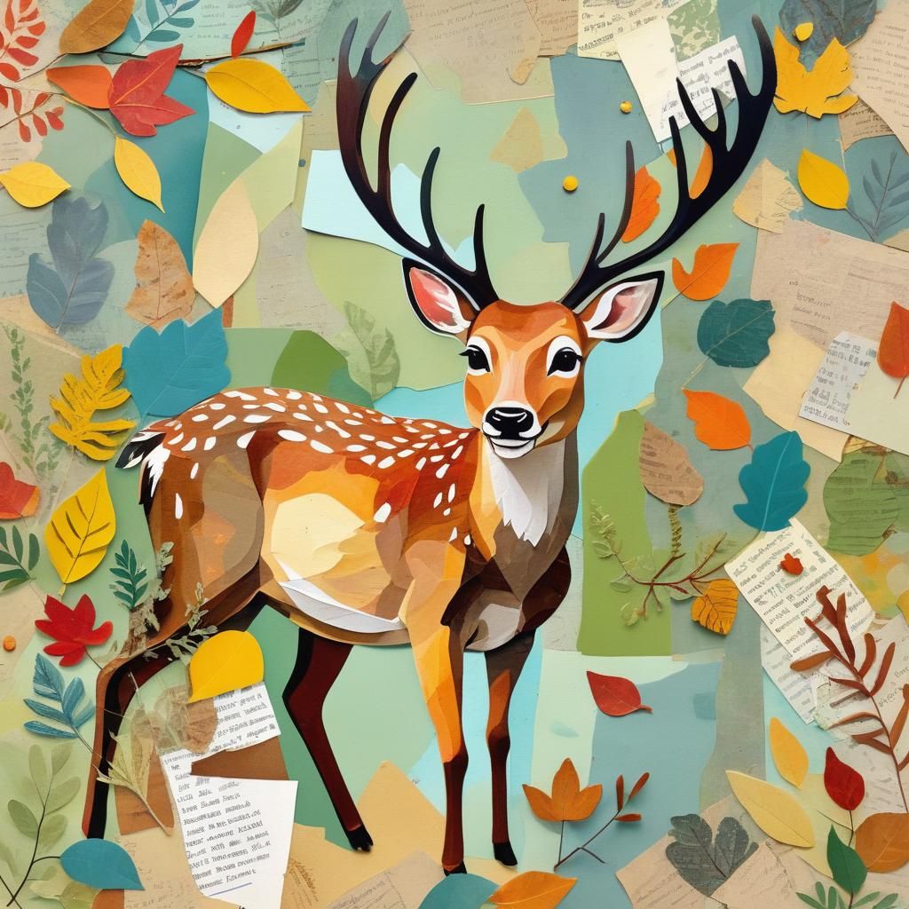 Smiling Deer in Fall Paper Collage Art