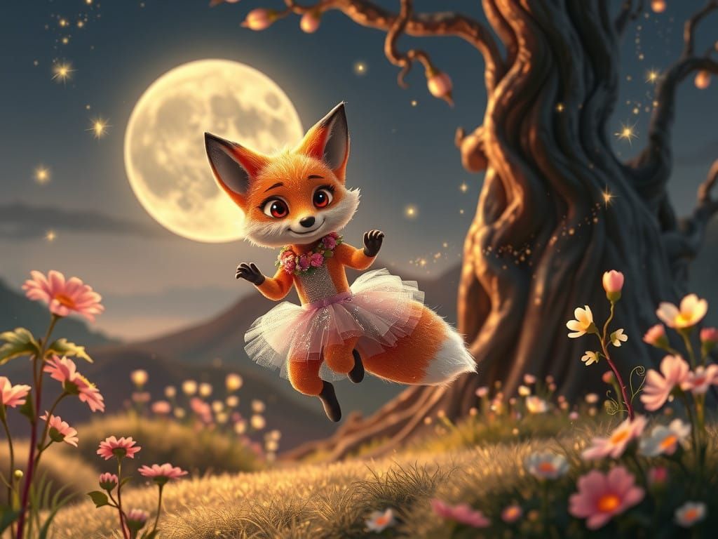 Whimsical Fox Dances Under Full Moon