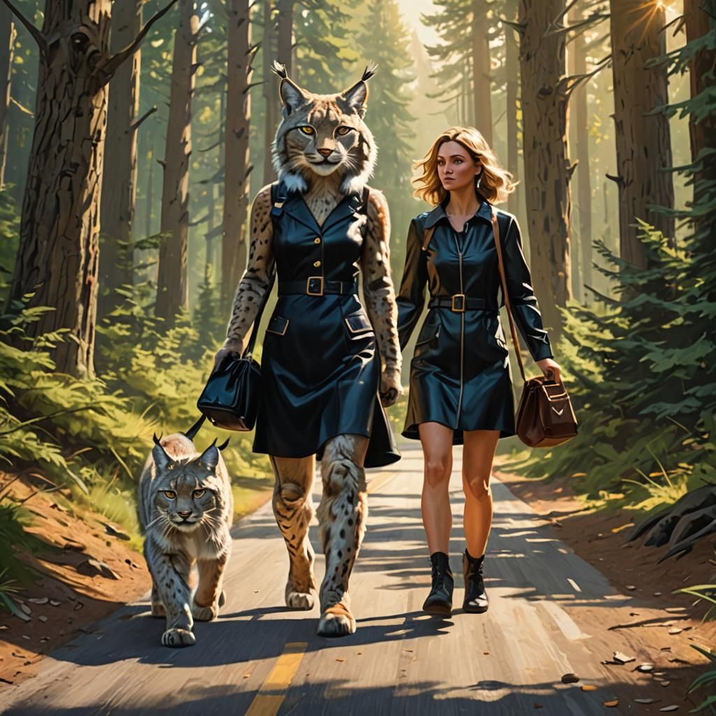 Anthropomorphic Lynx Walks Forest Road in Sunlight