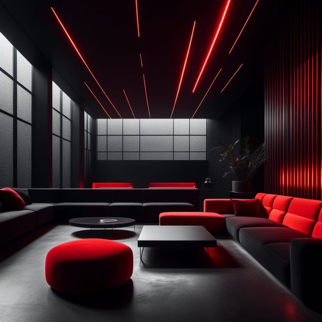 Brutalist Interior with Red Lighting and Black Furniture
