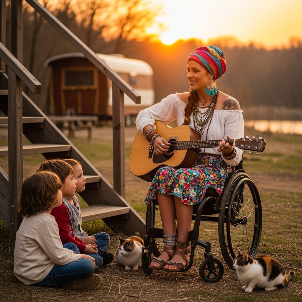 Bohemian Woman Plays Guitar at Sunset with Children and Cats