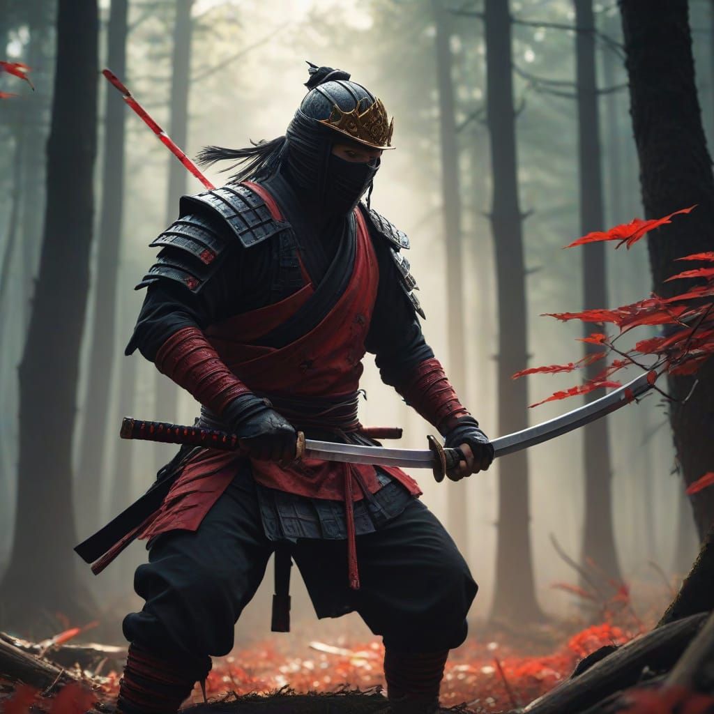 Red Samurai Slices Tree in Dark Forest