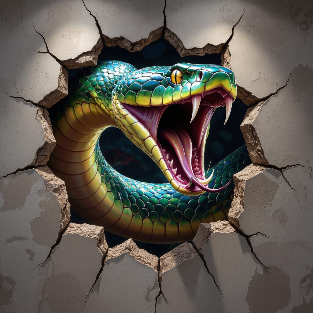 Colossal Snake Mural Leaps From Wall in Hyper-Realistic Illu...