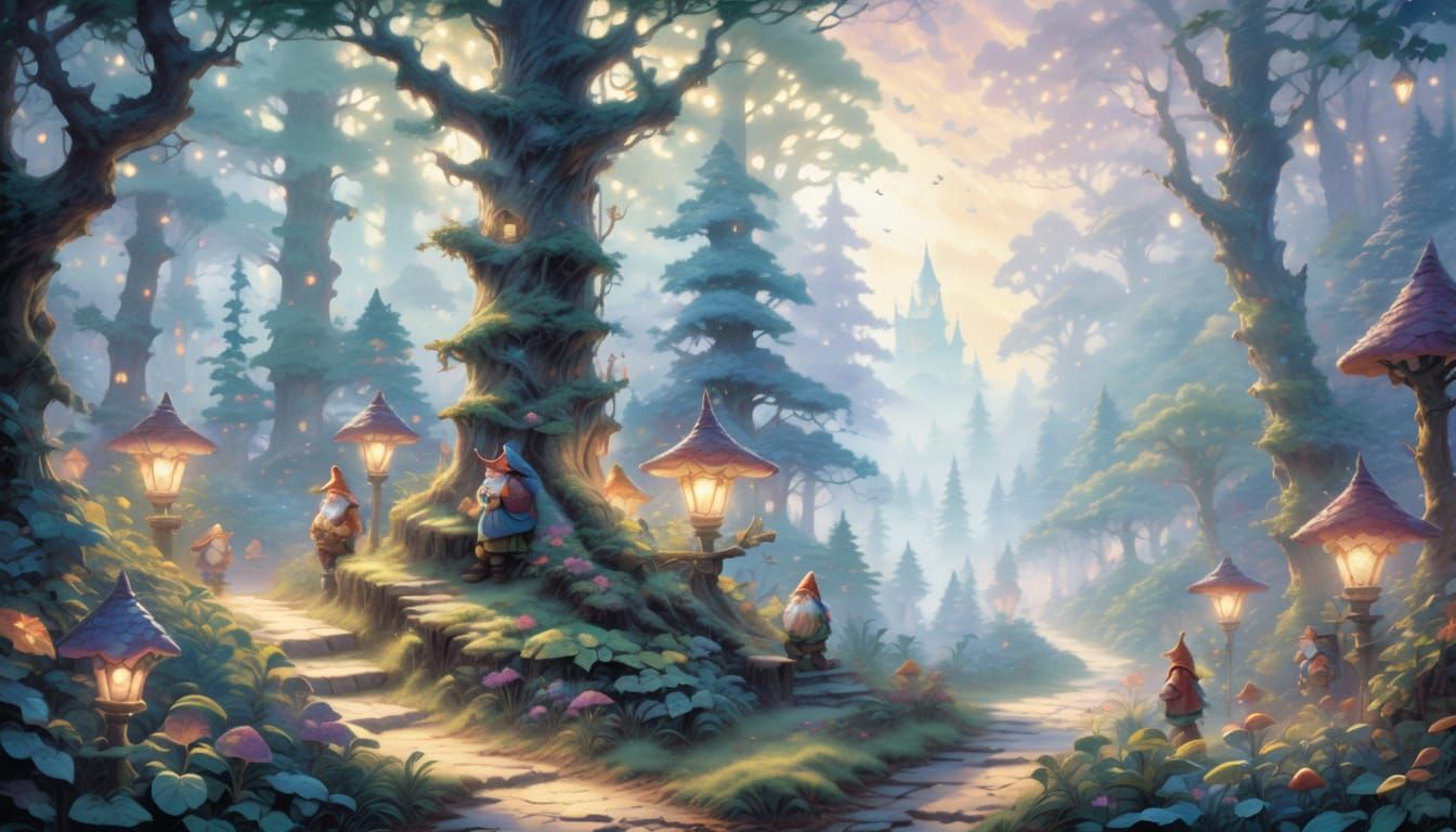 Misty Forest Dawn with Seven Dwarves
