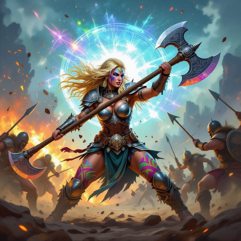 Barbarian Woman Warrior in Battle, Holographic Art