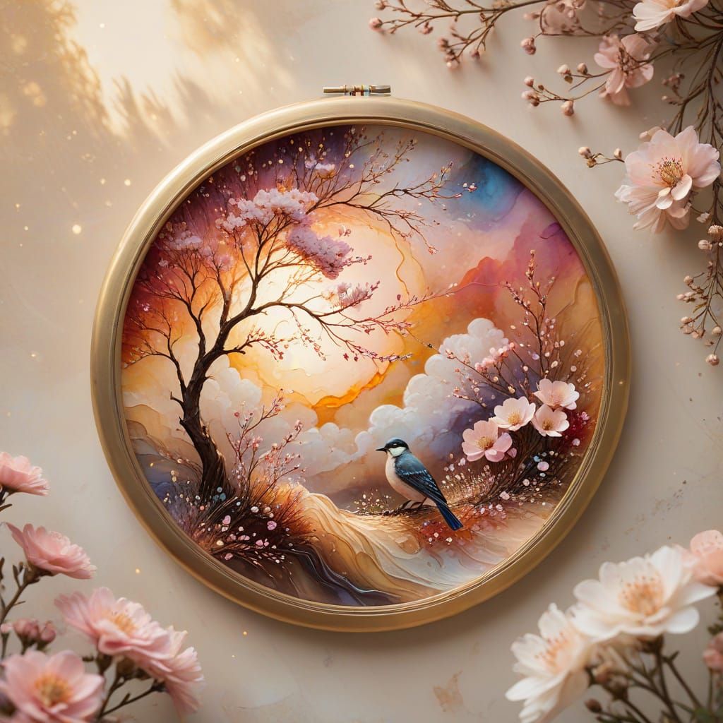 Alcohol Ink Painting: Ethereal Floral and Bird Design with G...