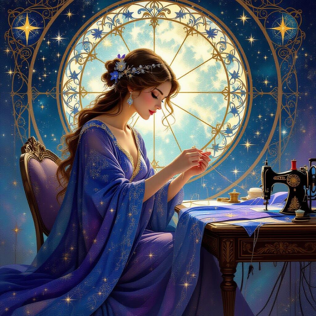 Celestial Seamstress Stitching Stars in Art Nouveau Style