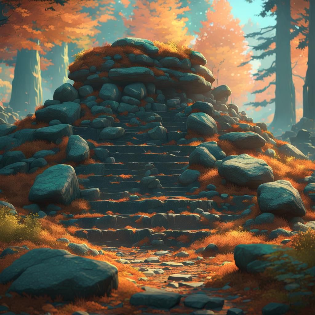 Ancient Forest Hill with Stone Piles in 8K