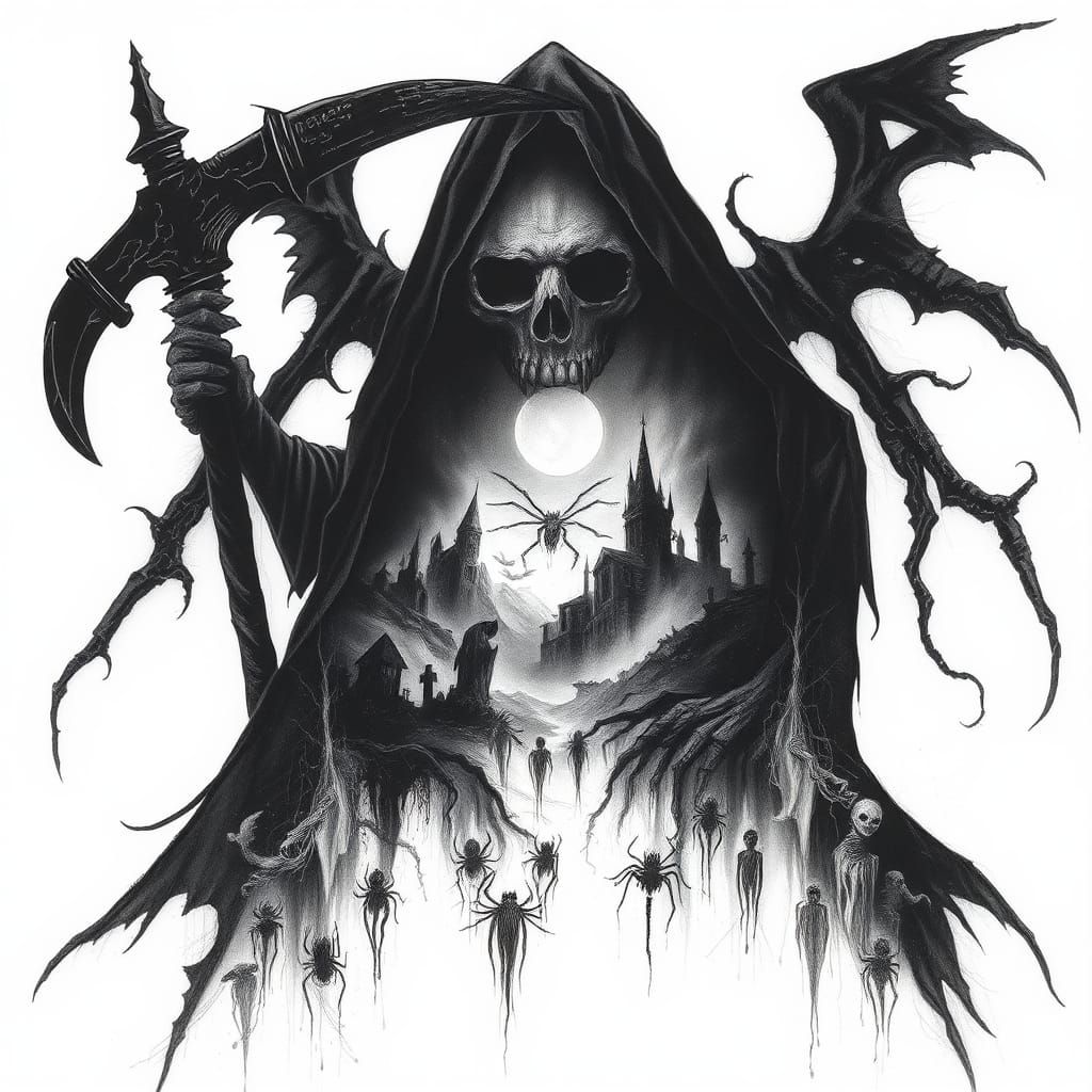 Reaper Silhouette Reveals Horror Landscape, Charcoal Drawing