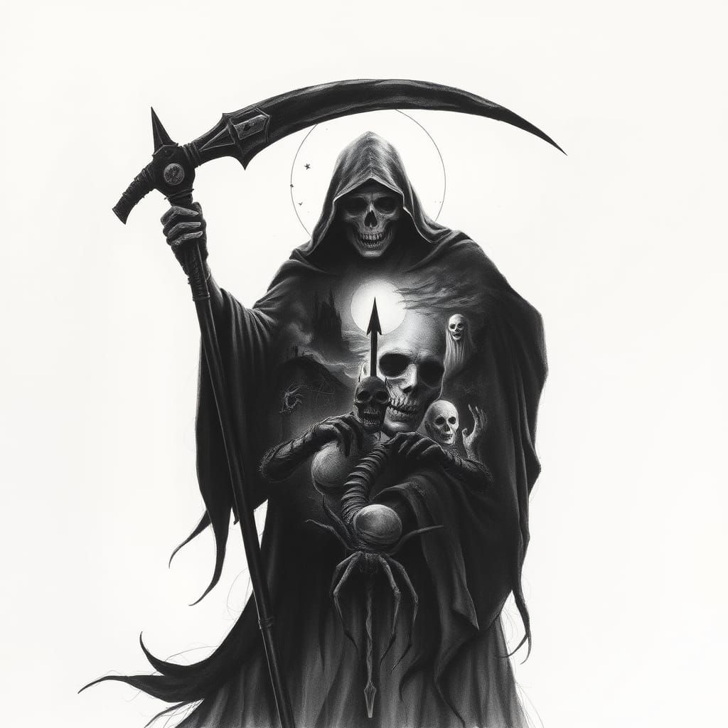 Reaper Silhouette with Horror Landscape, Charcoal Drawing