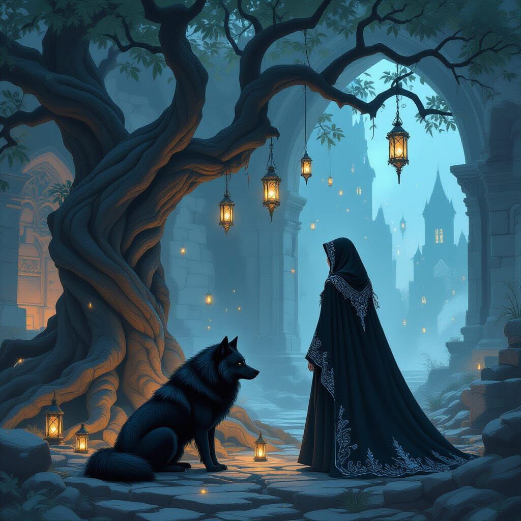 Ethereal Girl and Wolf in Ancient Palace Ruins