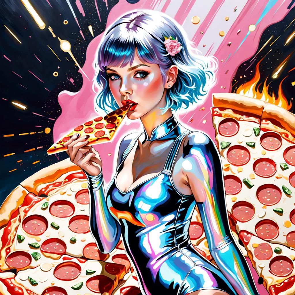 Cyborg Taylor Swift Eating Pizza Slice in Sorayama Style