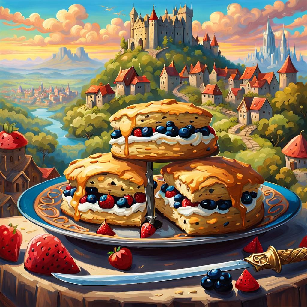 Comedic Medieval Scene: Sword in a Scone