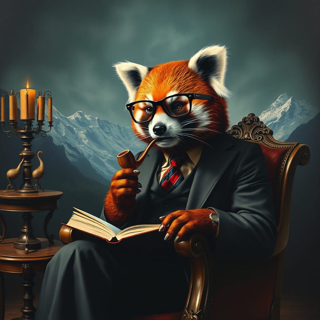 Gothic Red Panda Smoker in Himalayan Landscape