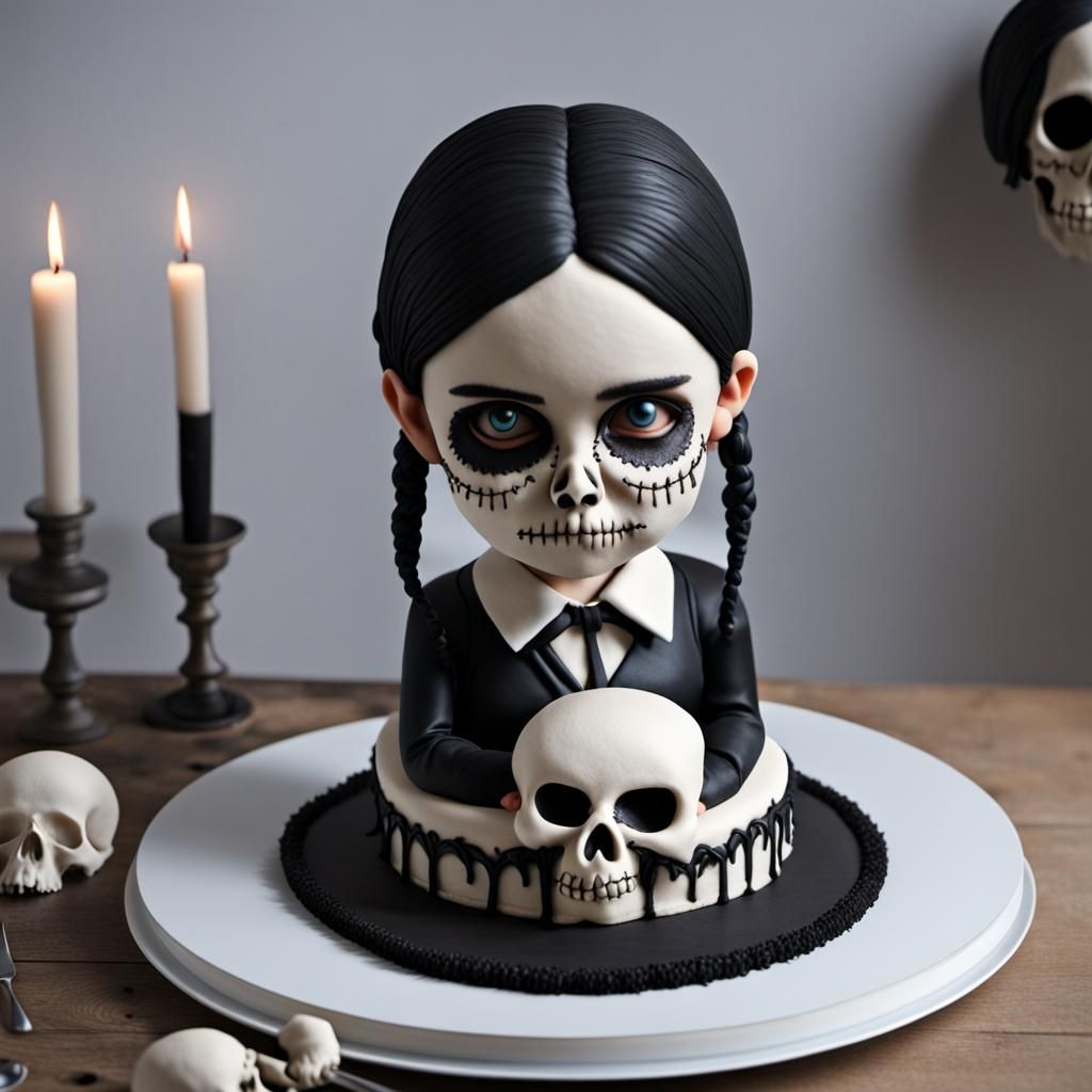 Wednesday Addams Bakes a Skull Cake