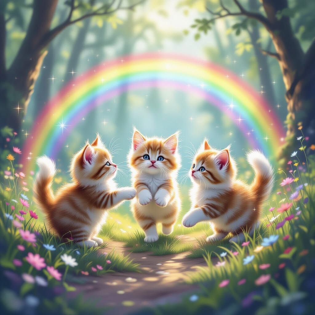 Fluffy Kittens Chase Rainbow in Mystical Forest