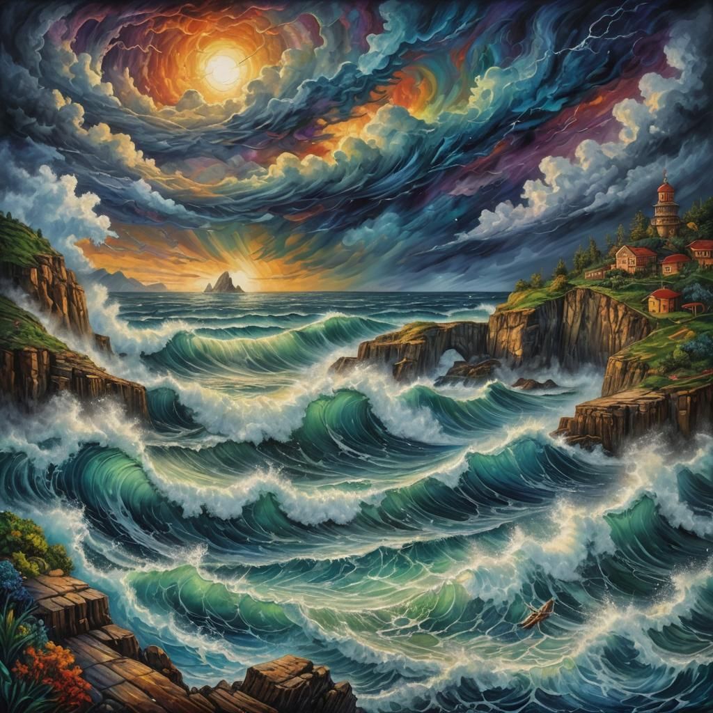 Stormy Ocean: Intricate Pen Drawing with Impasto Oil