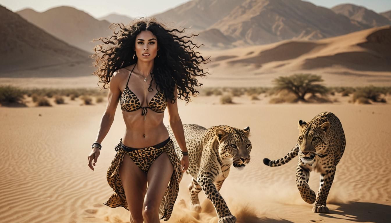 Desert Hunt: Prehistoric Woman Chasing Leopard