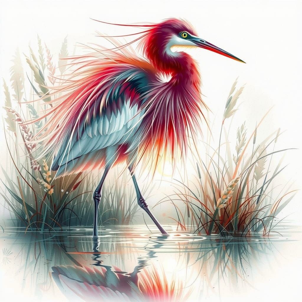 Graceful Heron in Marsh at Sunrise: Watercolor Art
