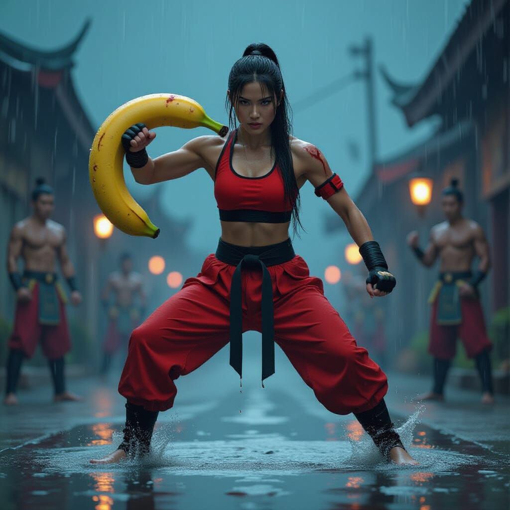Female Martial Artist with Banana in Cyberpunk Style