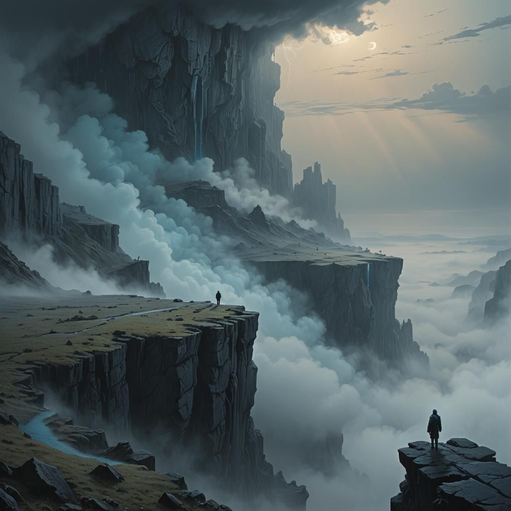 Surreal Cliffside Figure in Grey Mist Landscape