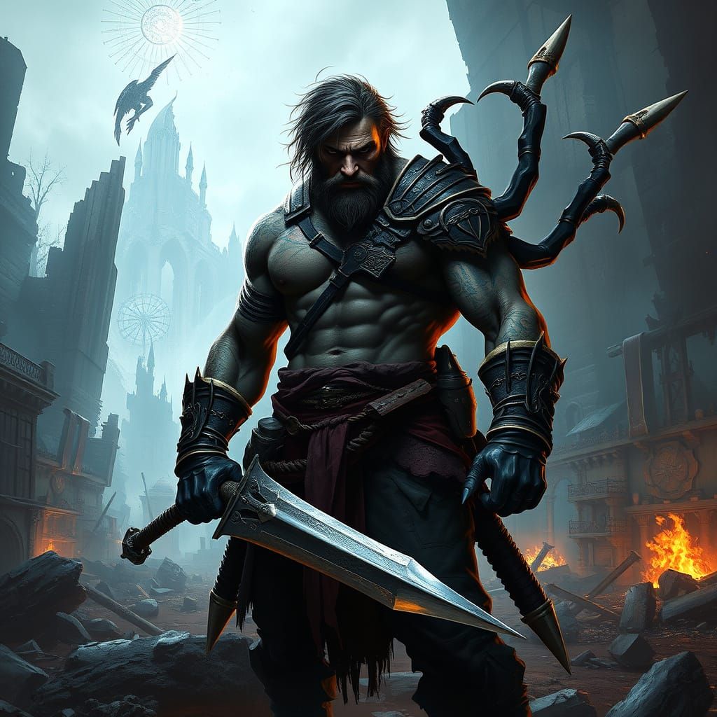 Epic Dark Warrior in Ruined Battlefield Digital Art