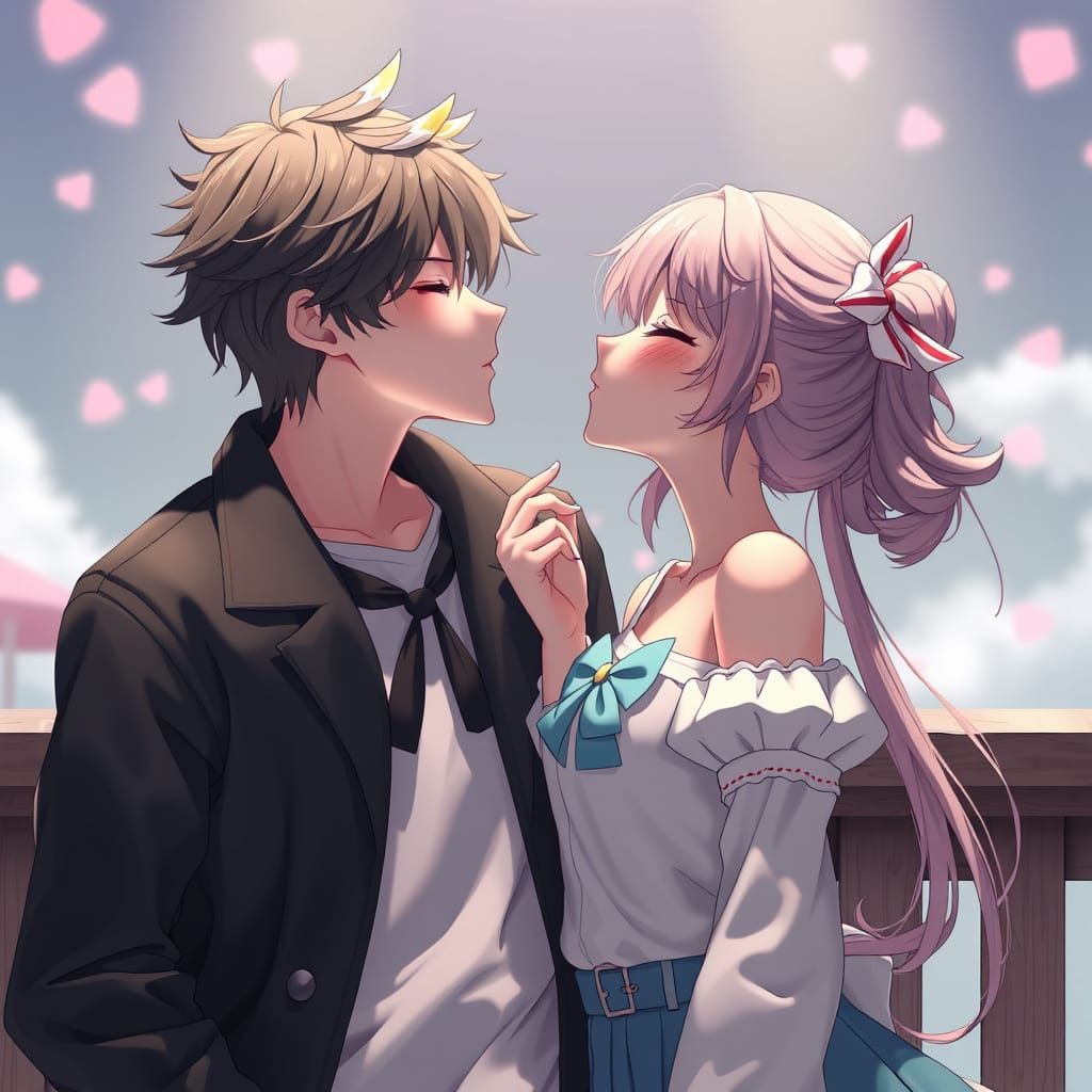 Cute Anime Couple in a Tender Kiss