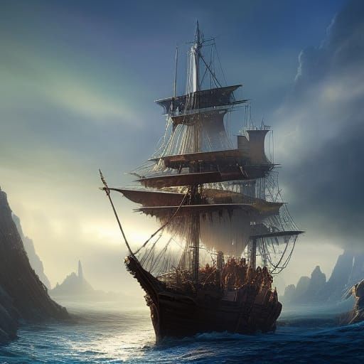 Pirate Ship at Sunset: Gothic Fantasy Illustration