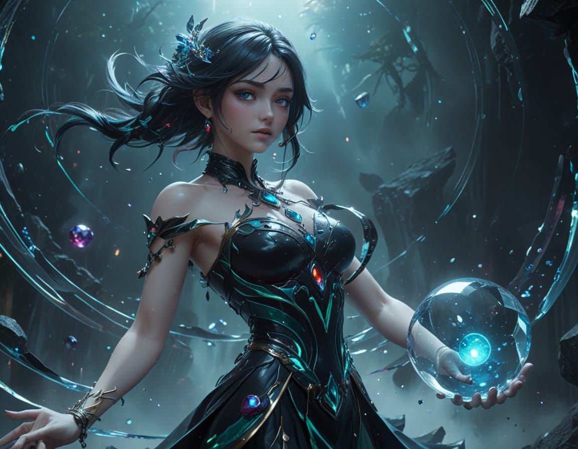 Glowing Gemstone Eyeballs in Ethereal Anime Landscape