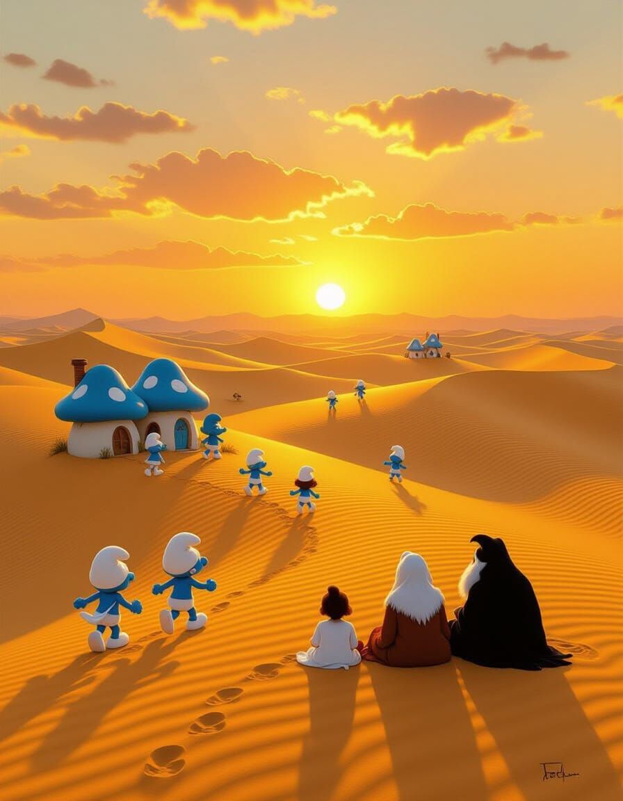 Smurf Village in Golden Desert at Sunset