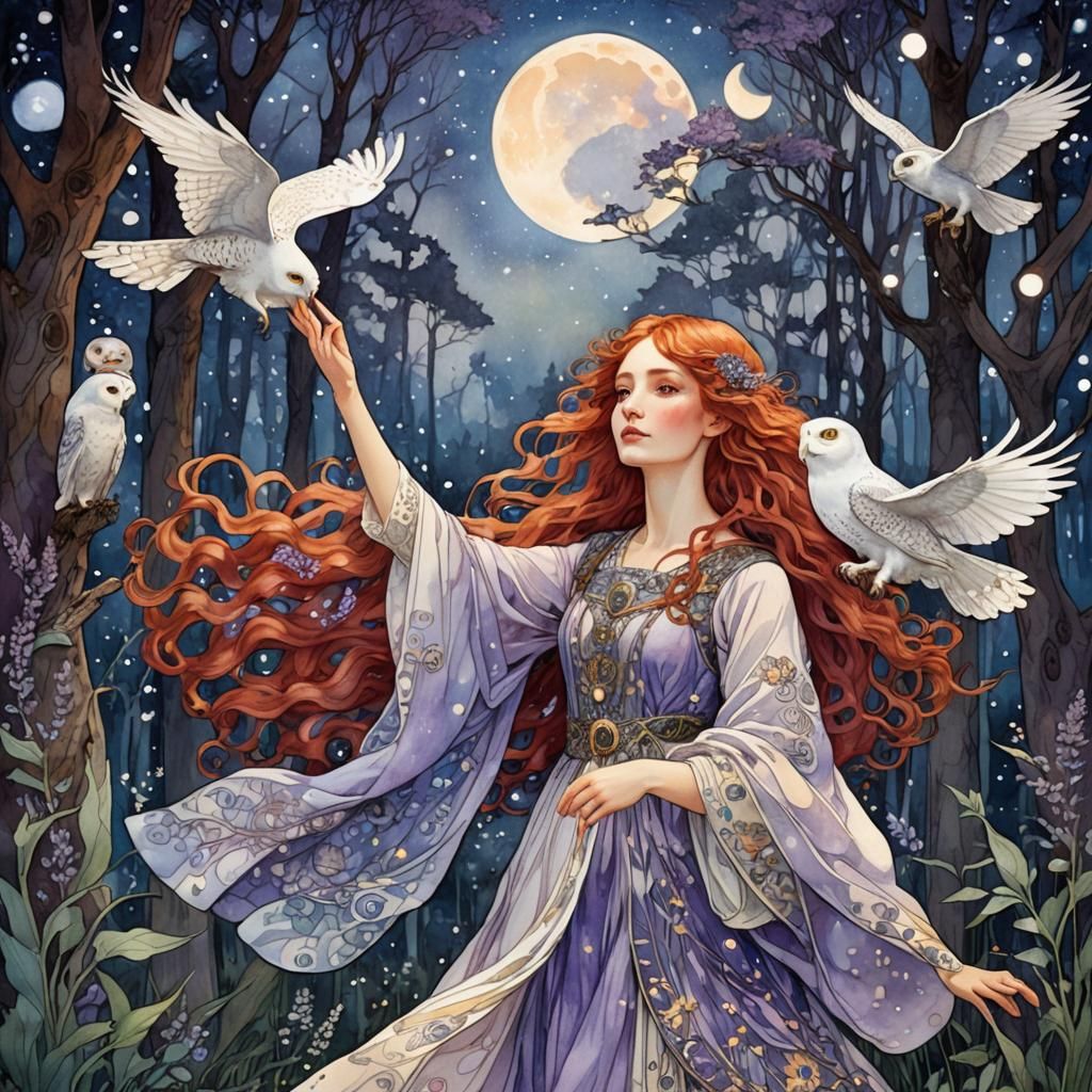 Girl with Snowy Owl in Art Nouveau Style
