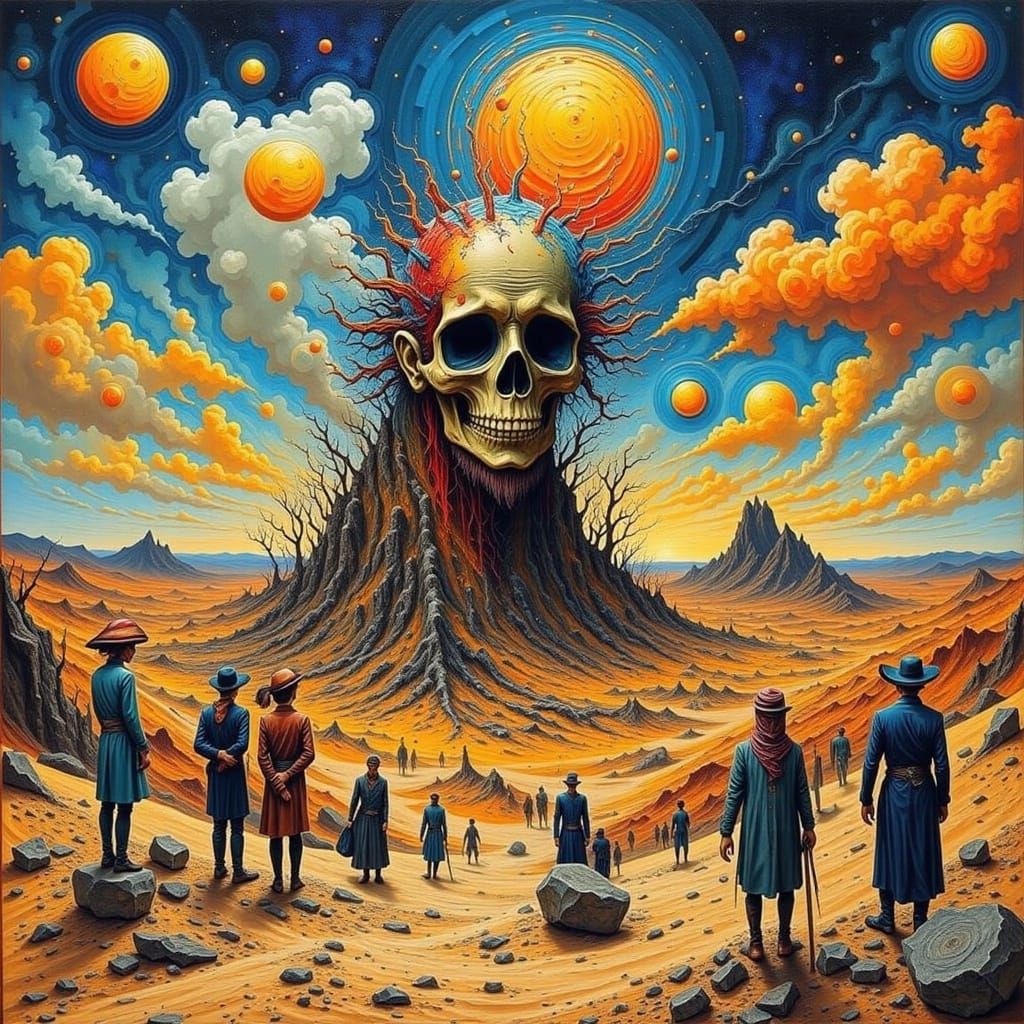 Psychedelic Sand People in Surreal Heavy Metal Landscape