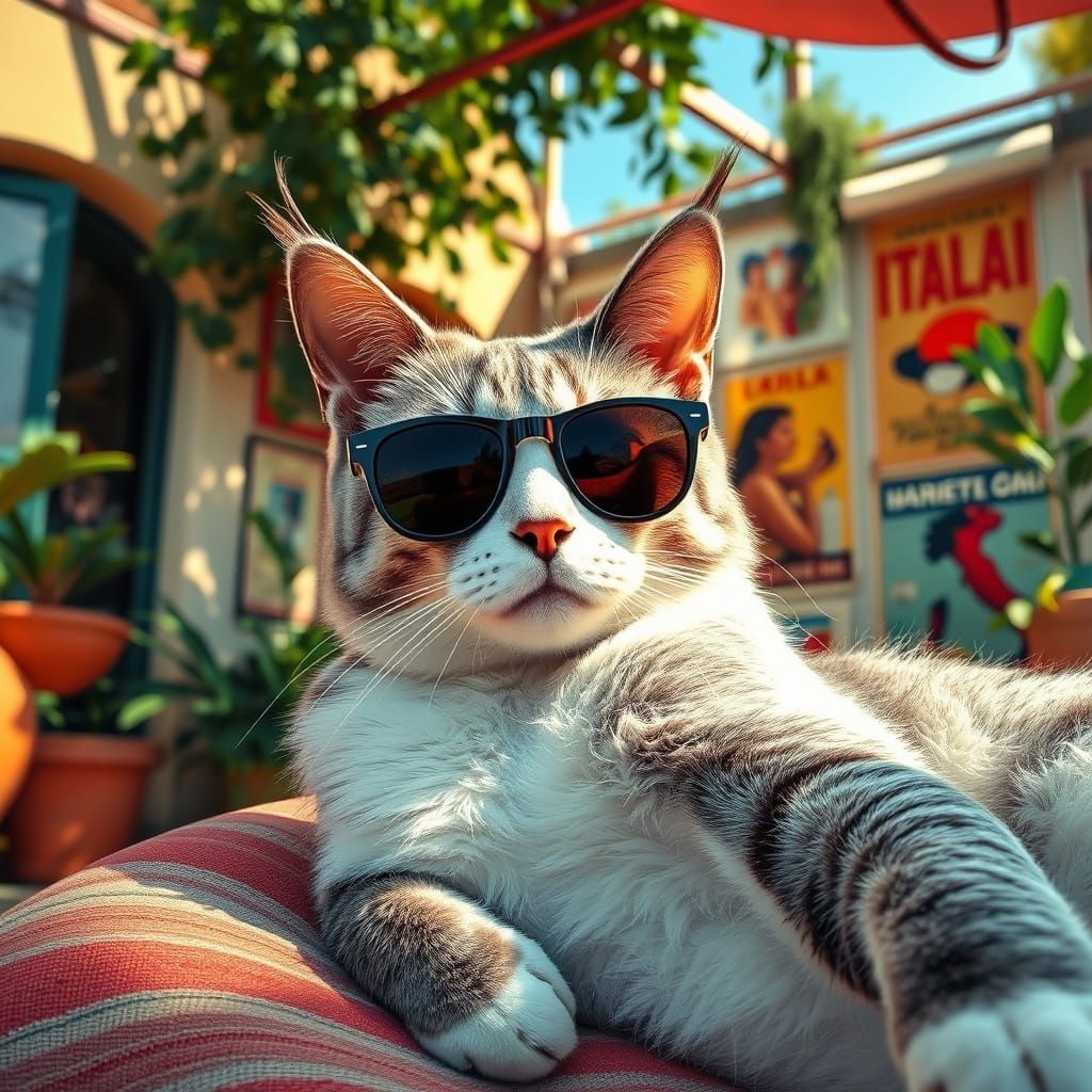 Futuristic Feline Relaxation in a Mediterranean Oasis