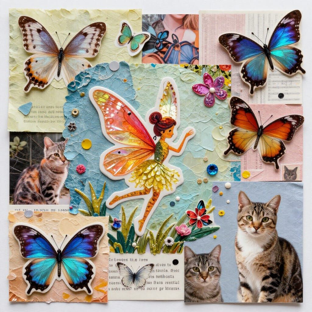 Vibrant Mixed-Media Collage with Fairies, Butterflies, and C...