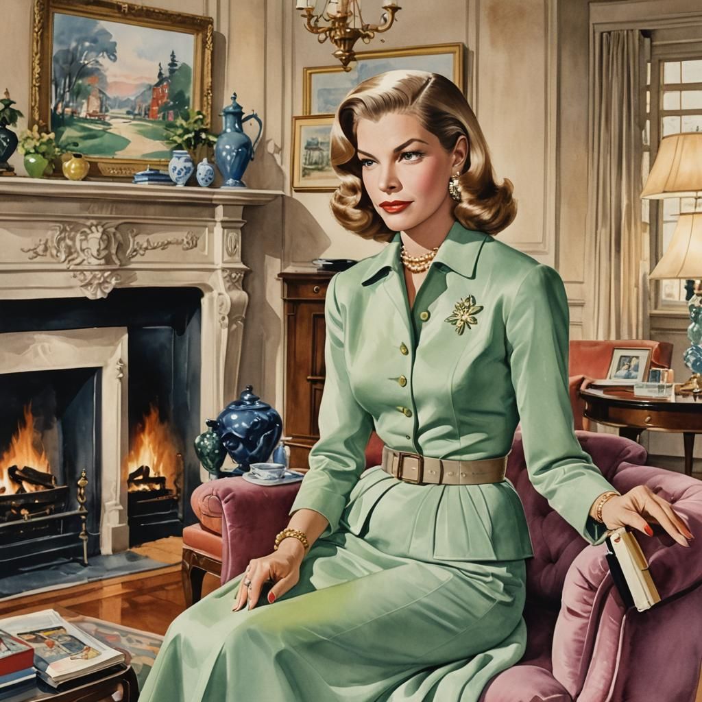 Watercolor Painting of Lauren Bacall in Fifties Style