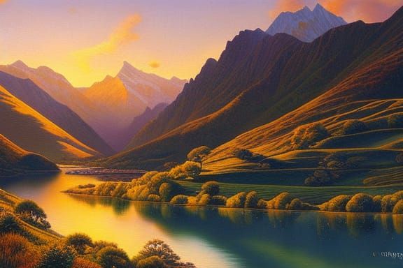 A beautiful New Zealand themed fictional landscape based on an image taken during golden hour. Oil painting