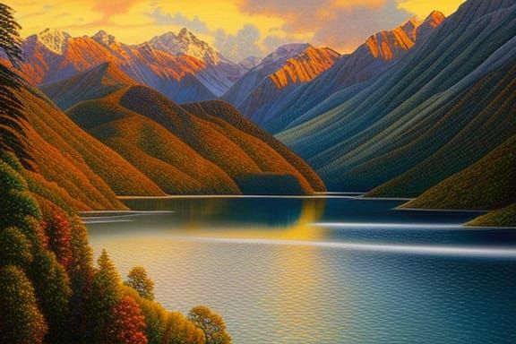 A beautiful New Zealand themed fictional landscape based on an image taken during golden hour. Oil painting