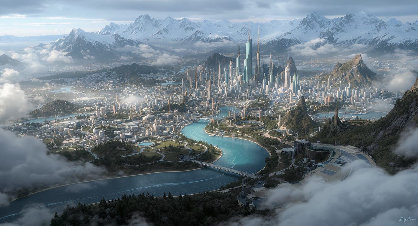 Epic Aerial View of Metropolis in Matte Painting Style