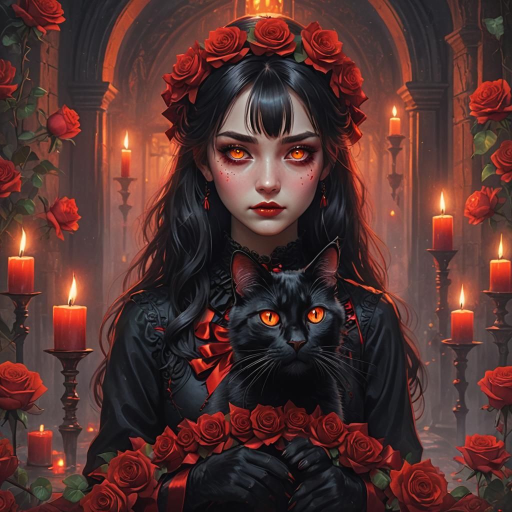 Gothic Girl and Black Cat with Red Accents