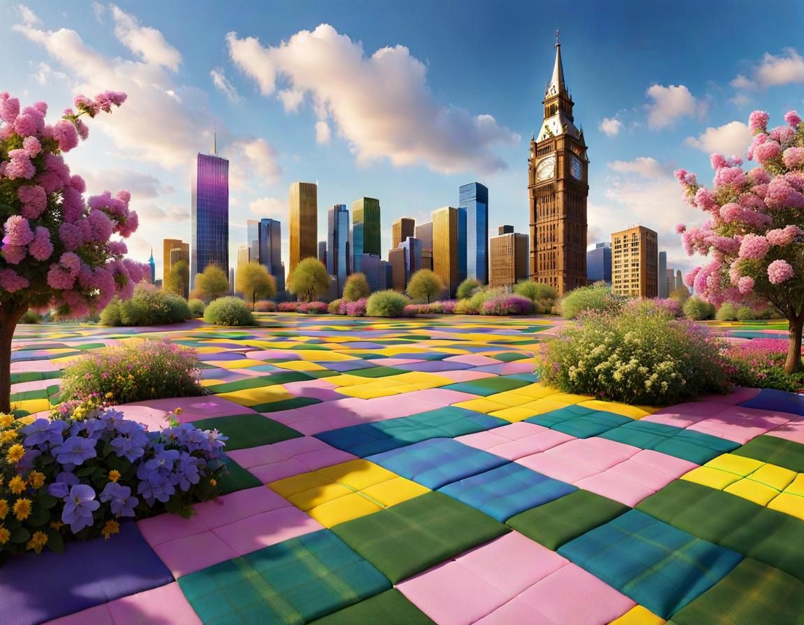 Plaid Cityscape with Colorful Patterns