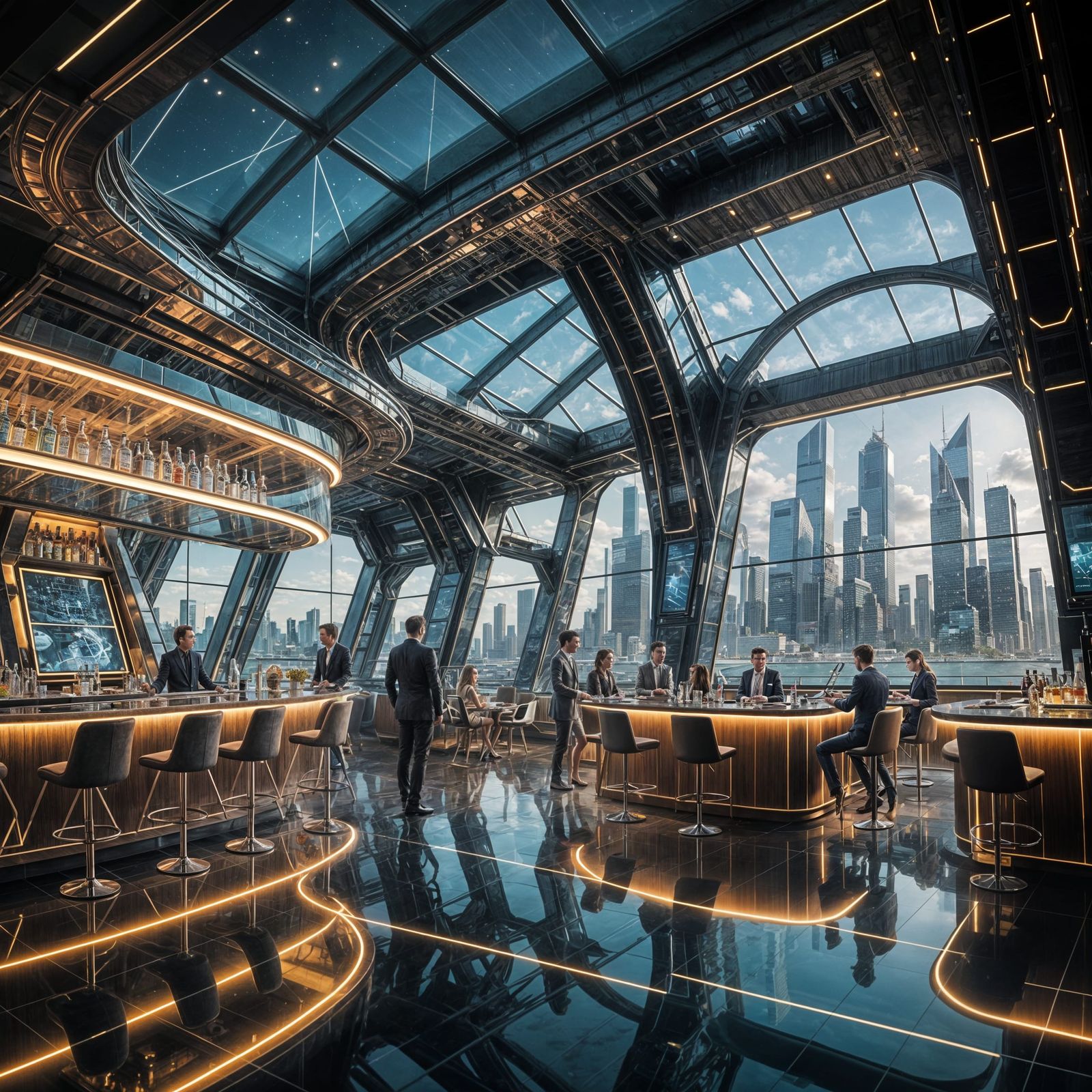 Elegant Futuristic Harbor Cityscape with Luxury Yachts and H...